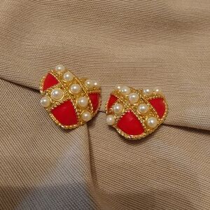 Elegant Red Enamel Faux Pearl Clip Earrings
